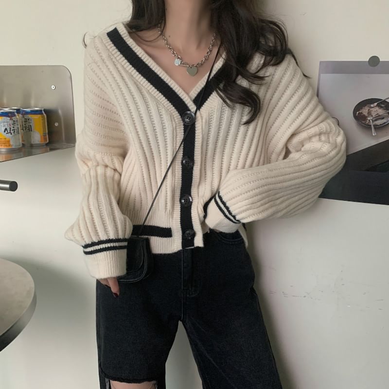 Two-Tone V-Neck Cardigan