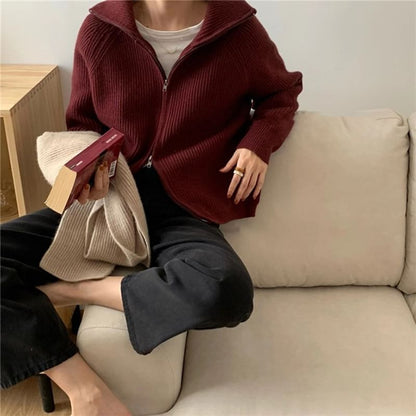 Zip-Up Plain Cardigan