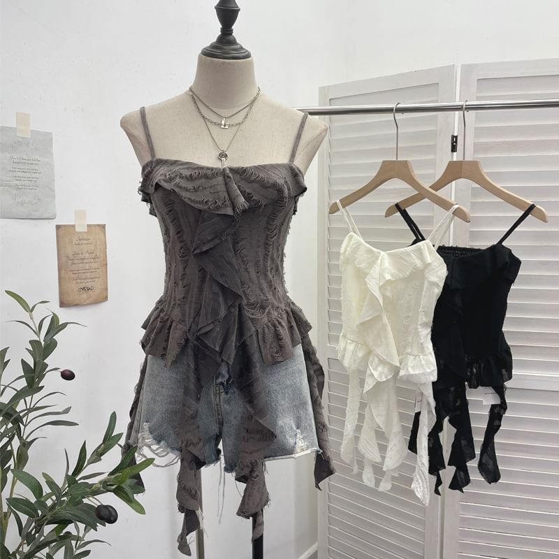 Asymmetrical Ruffle-Trim Solid Cropped Cami Blouse