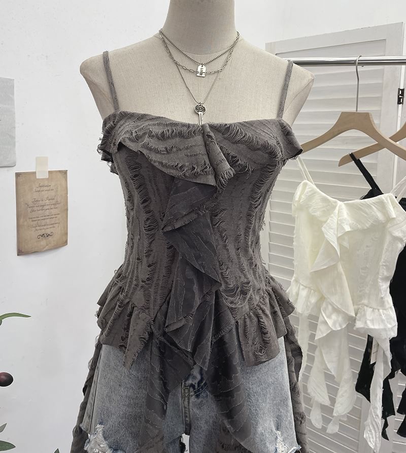 Asymmetrical Ruffle-Trim Solid Cropped Cami Blouse