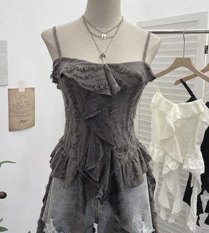Asymmetrical Ruffle-Trim Solid Cropped Cami Blouse