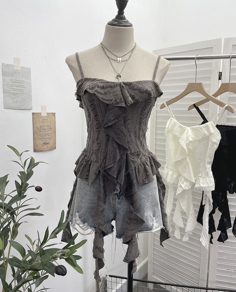 Asymmetrical Ruffle-Trim Solid Cropped Cami Blouse