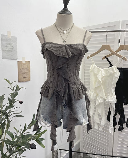 Asymmetrical Ruffle-Trim Solid Cropped Cami Blouse