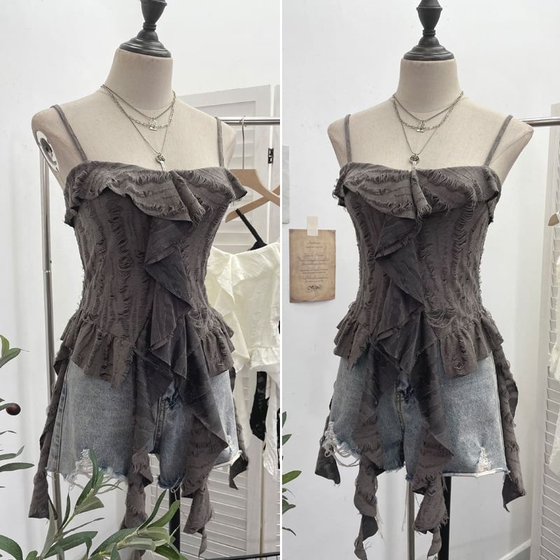 Asymmetrical Ruffle-Trim Solid Cropped Cami Blouse