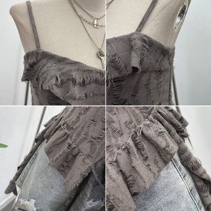 Asymmetrical Ruffle-Trim Solid Cropped Cami Blouse