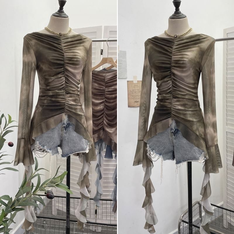 Tie-Dye Off-Shoulder Long-Sleeve Cropped Tee