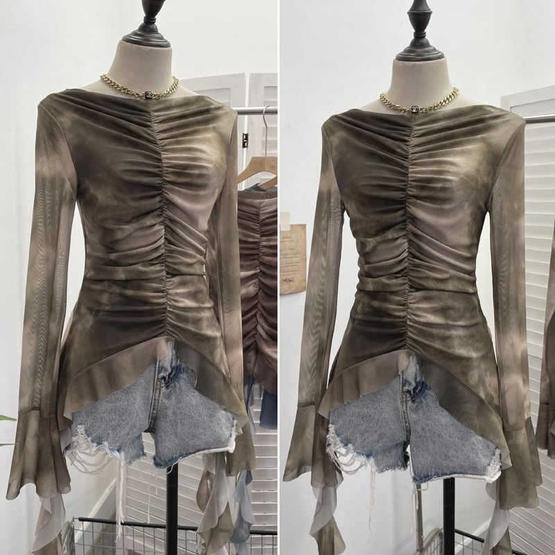 Tie-Dye Off-Shoulder Long-Sleeve Cropped Tee