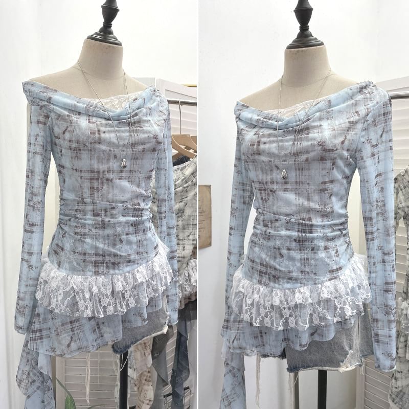 Boatneck Ruffle Top with Mock Two-Piece Sleeves