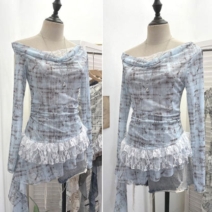Boatneck Ruffle Top with Mock Two-Piece Sleeves