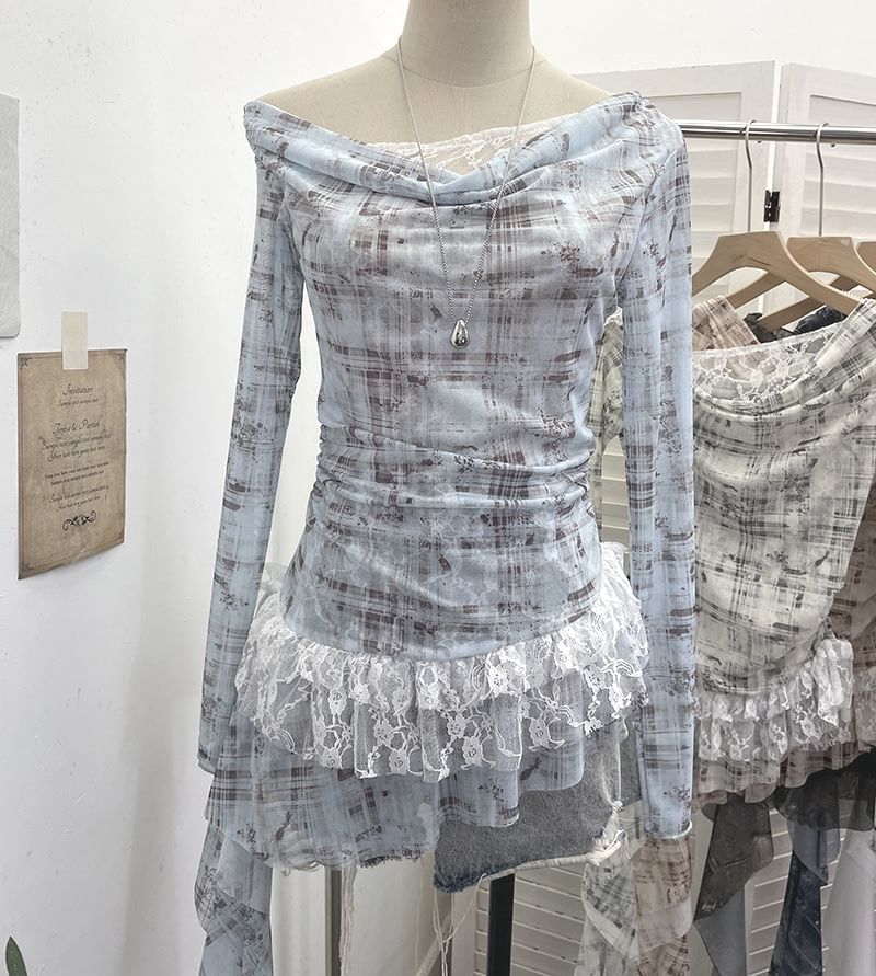 Boatneck Ruffle Top with Mock Two-Piece Sleeves