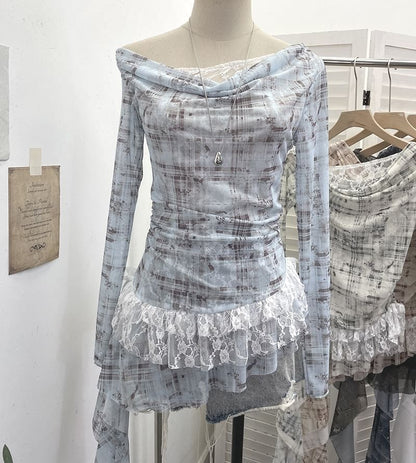 Boatneck Ruffle Top with Mock Two-Piece Sleeves