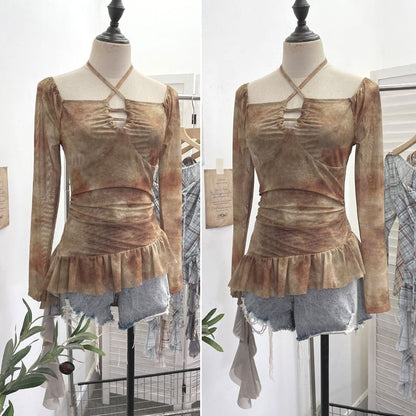 Tie-Dye Asymmetrical Square-Neck Long-Sleeve Top