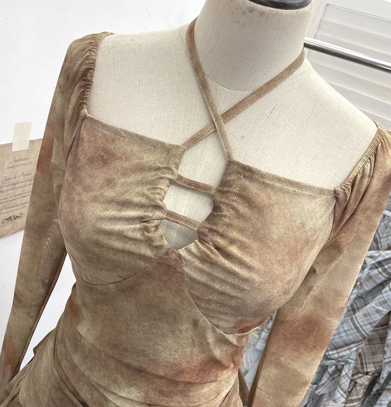 Tie-Dye Asymmetrical Square-Neck Long-Sleeve Top