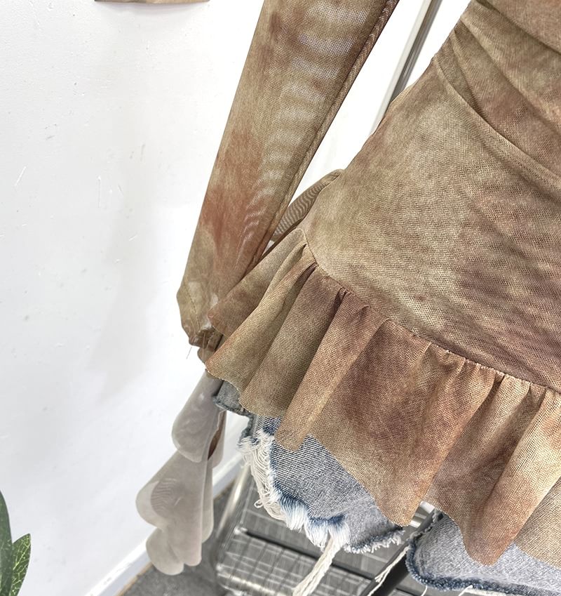 Tie-Dye Asymmetrical Square-Neck Long-Sleeve Top