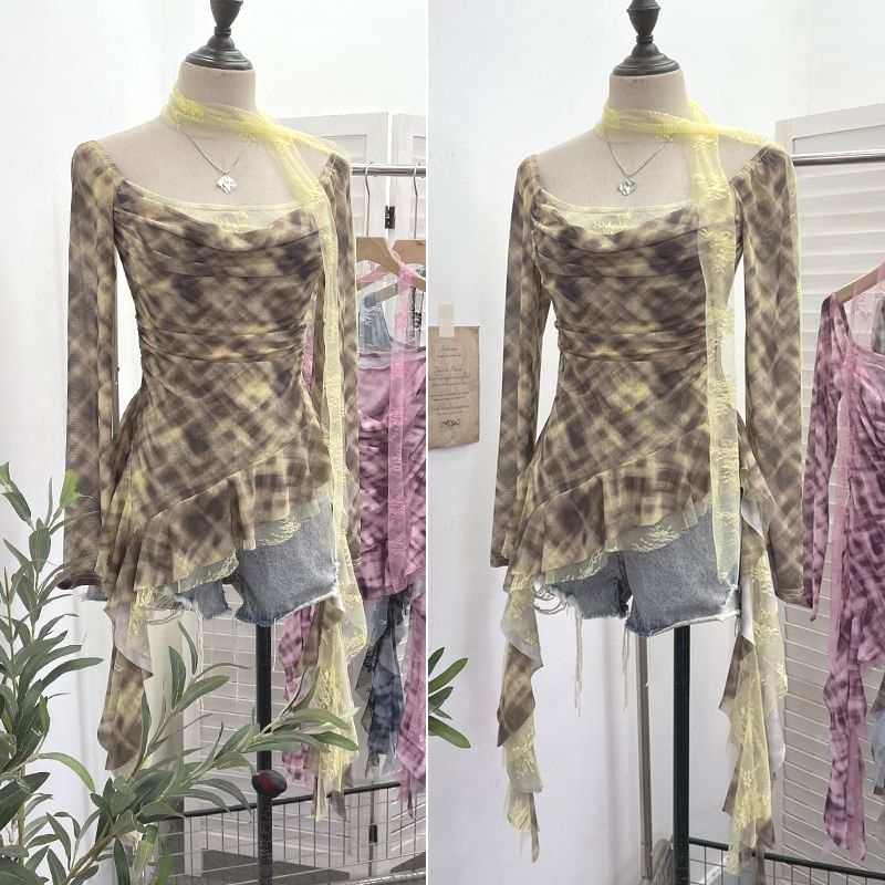Plaid Asymmetrical Square-Neck Long-Sleeve Blouse