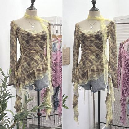 Plaid Asymmetrical Square-Neck Long-Sleeve Blouse