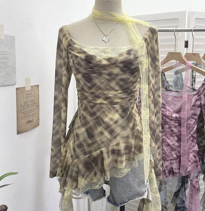 Plaid Asymmetrical Square-Neck Long-Sleeve Blouse