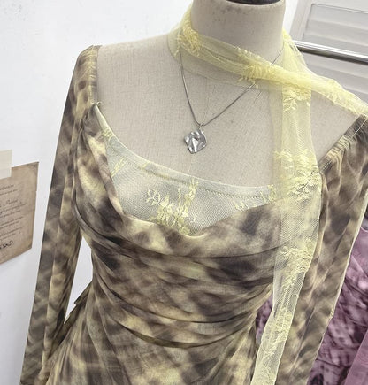 Plaid Asymmetrical Square-Neck Long-Sleeve Blouse