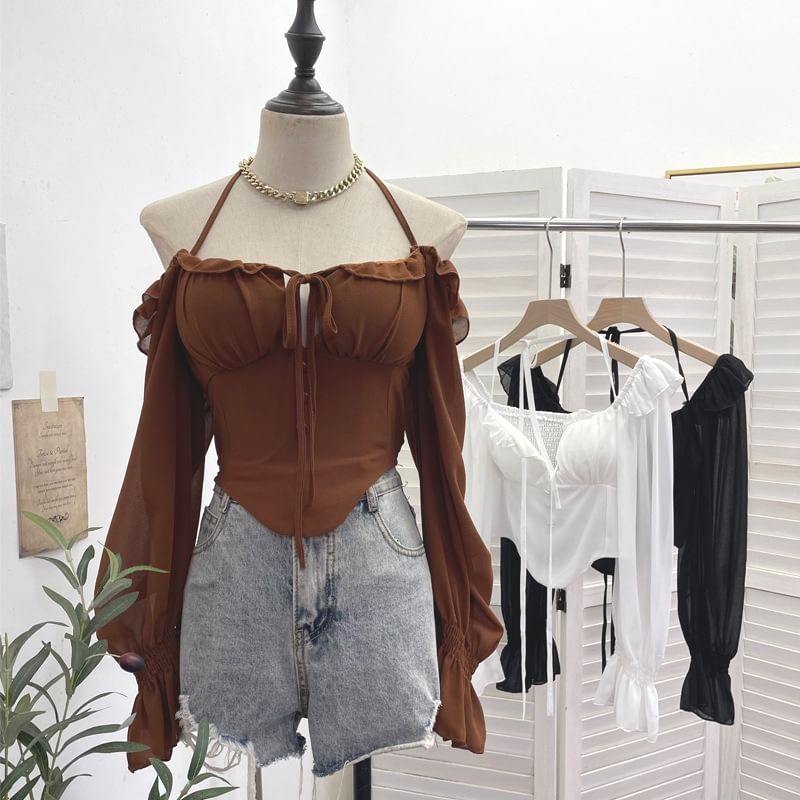 Zip-Up Halter Long-Sleeve Solid Cropped Top