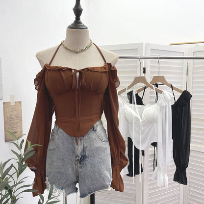 Zip-Up Halter Long-Sleeve Solid Cropped Top