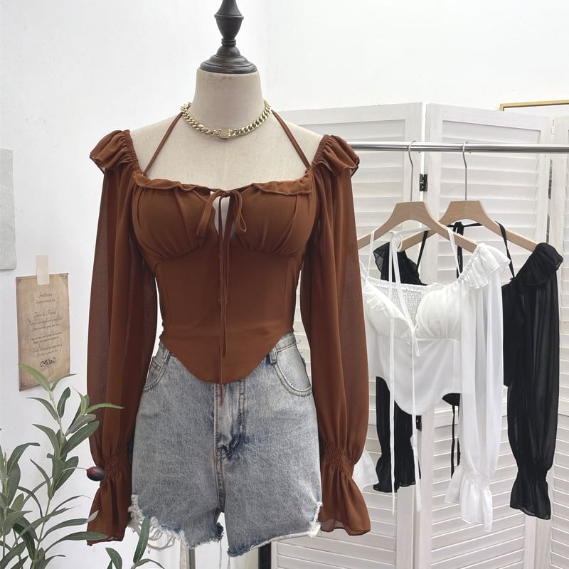 Zip-Up Halter Long-Sleeve Solid Cropped Top