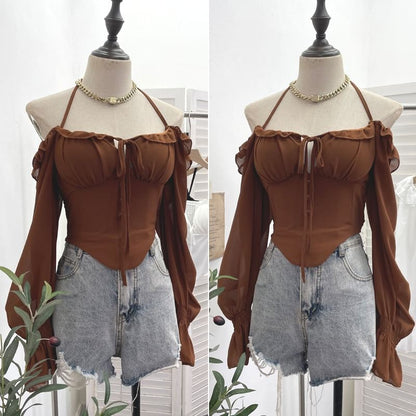 Zip-Up Halter Long-Sleeve Solid Cropped Top
