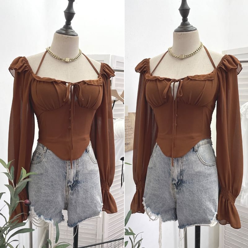 Zip-Up Halter Long-Sleeve Solid Cropped Top