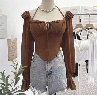 Zip-Up Halter Long-Sleeve Solid Cropped Top