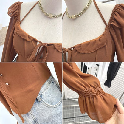 Zip-Up Halter Long-Sleeve Solid Cropped Top
