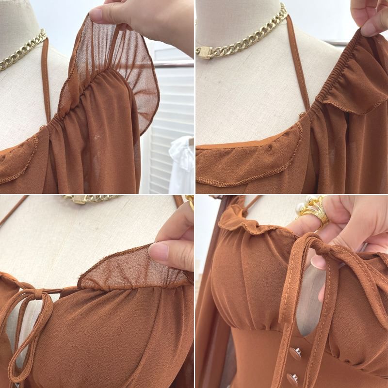 Zip-Up Halter Long-Sleeve Solid Cropped Top