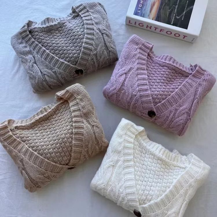 Cable Knit V-Neck Button-Up Crop Cardigan