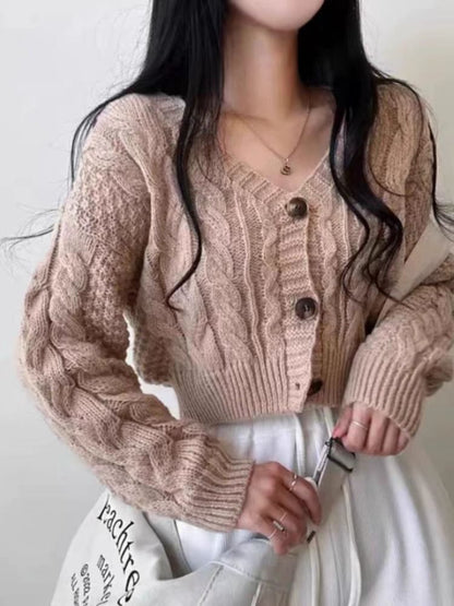 Cable Knit V-Neck Button-Up Crop Cardigan
