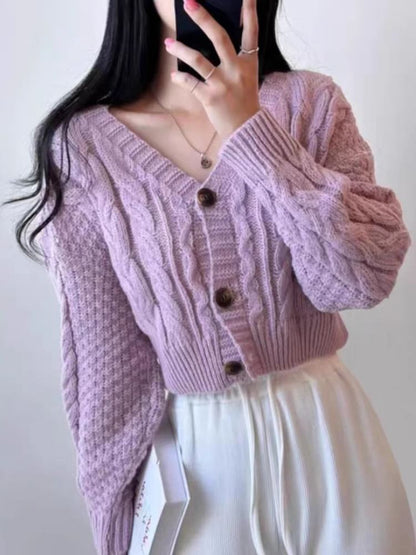 Cable Knit V-Neck Button-Up Crop Cardigan