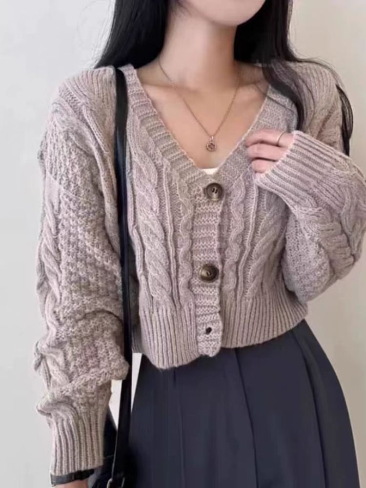 Cable Knit V-Neck Button-Up Crop Cardigan