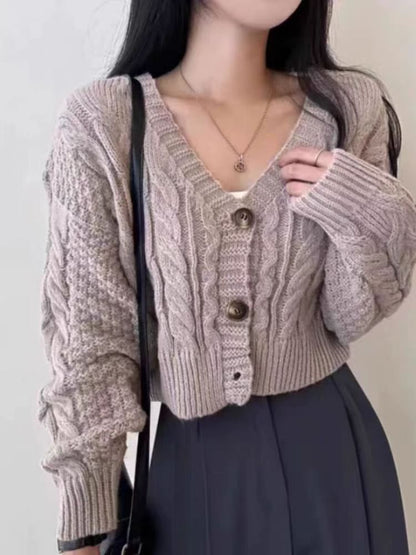 Cable Knit V-Neck Button-Up Crop Cardigan