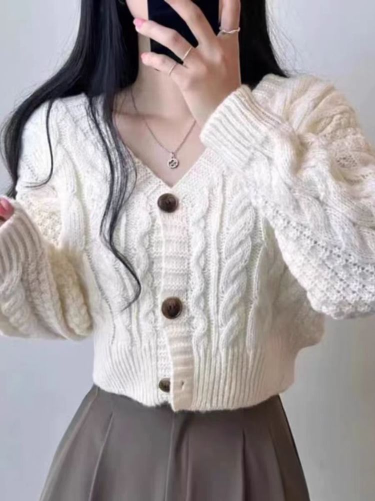 Cable Knit V-Neck Button-Up Crop Cardigan