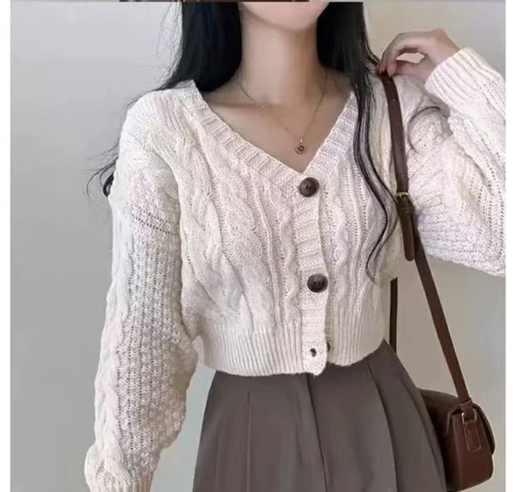 Cable Knit V-Neck Button-Up Crop Cardigan