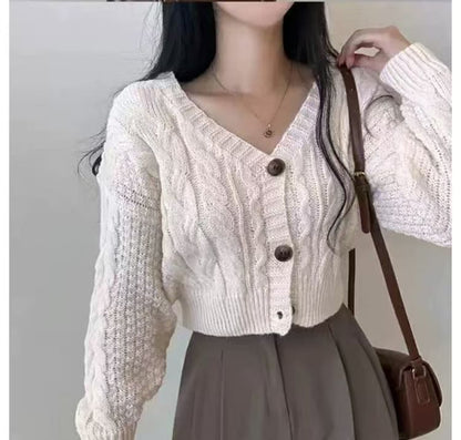 Cable Knit V-Neck Button-Up Crop Cardigan