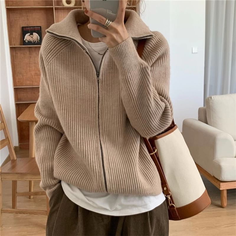 Stand Collar Zip-Up Cardigan