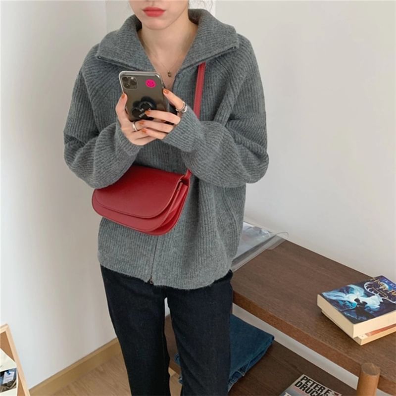 Stand Collar Zip-Up Cardigan