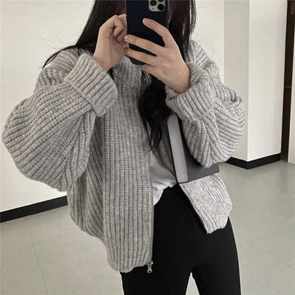 Crew Neck Zip-Up Chunky Knit Cardigan