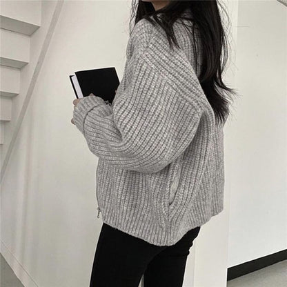 Crew Neck Zip-Up Chunky Knit Cardigan