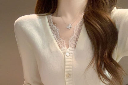 Lace Trim V-Neck Button-Up Cardigan