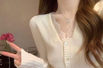 Lace Trim V-Neck Button-Up Cardigan