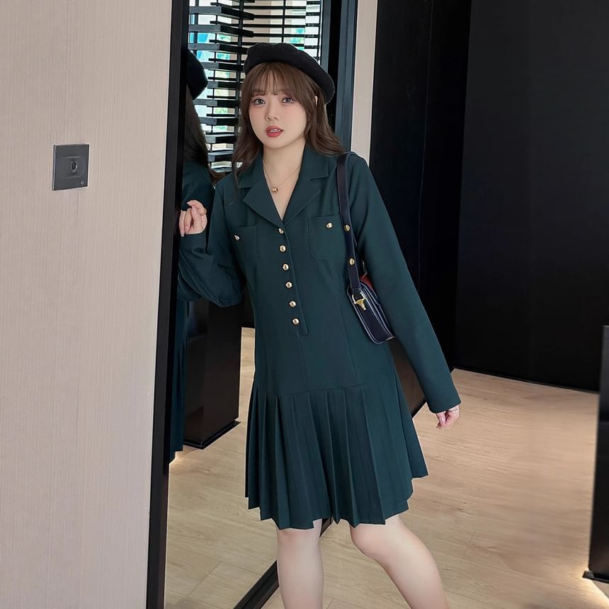 Plus Size Long Sleeve Collared Plain Pleated Button Mini A-Line Dress
