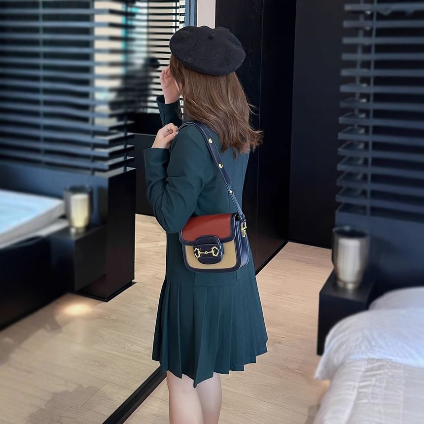 Plus Size Long Sleeve Collared Plain Pleated Button Mini A-Line Dress