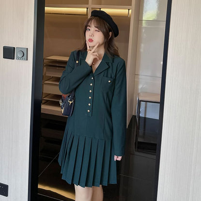 Plus Size Long Sleeve Collared Plain Pleated Button Mini A-Line Dress