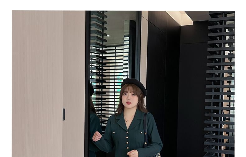 Plus Size Long Sleeve Collared Plain Pleated Button Mini A-Line Dress