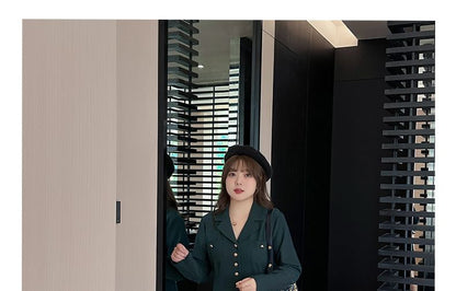 Plus Size Long Sleeve Collared Plain Pleated Button Mini A-Line Dress