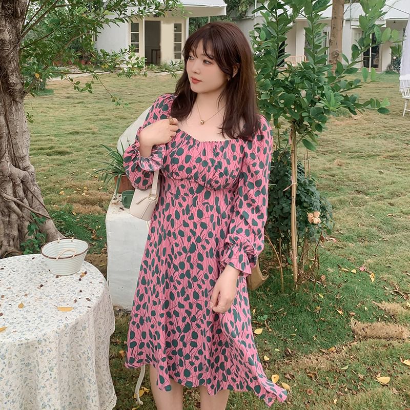 Plus Size Long Sleeve Square Neck Leaf Print Midi A-Line Dress